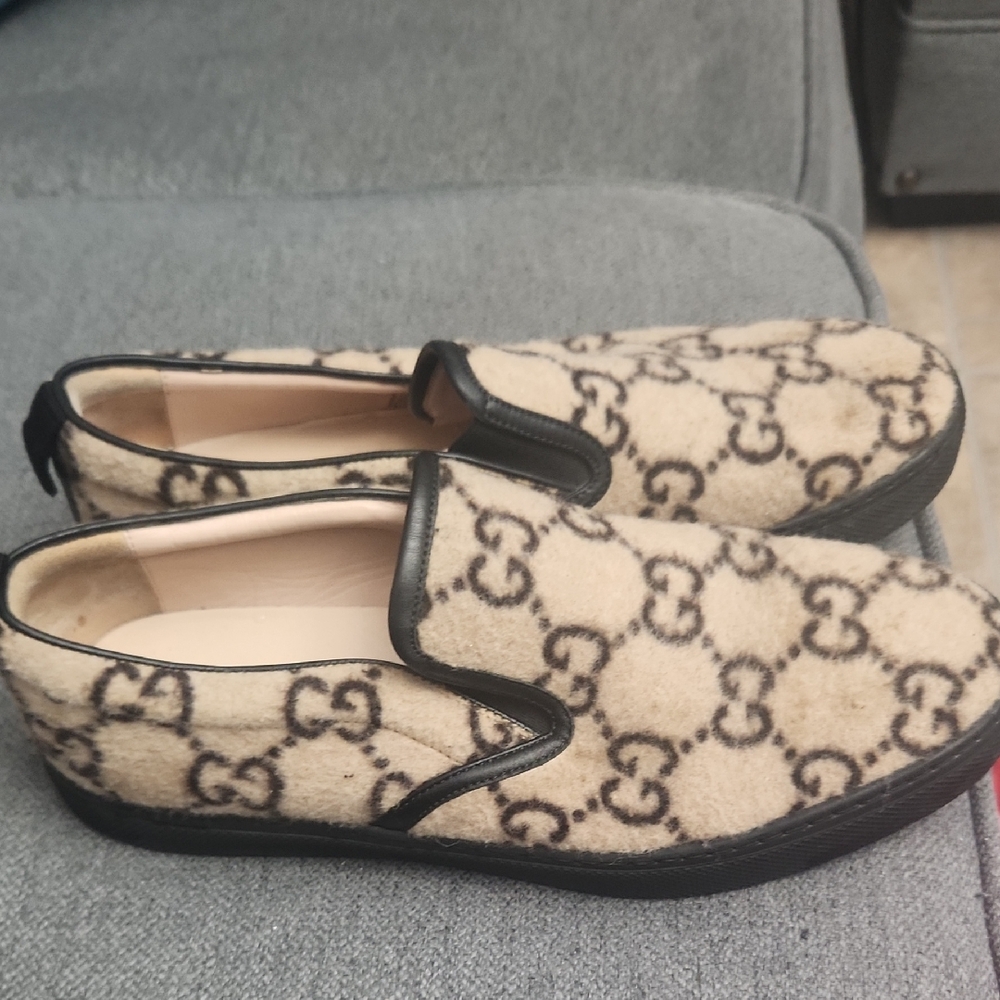 Gucci Men's Dublin Beige Brown Wool GG Logo Flat Slip On